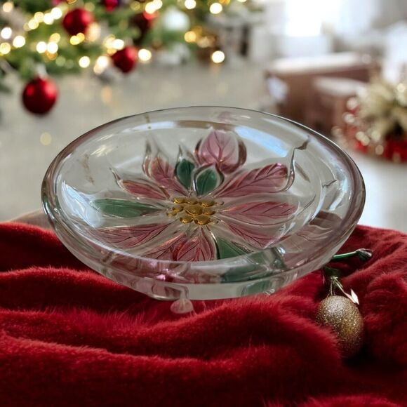 Vintage Art Glass Poinsettia Round Christmas Flower Dish Irredescent Floral - Picture 2 of 5
